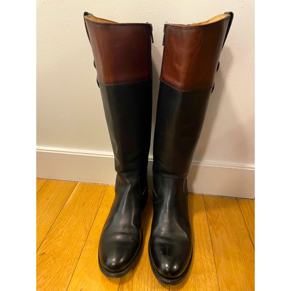 Frye Jayden Button Tall Black & Brown Leather Riding Boots sz 8 great condition